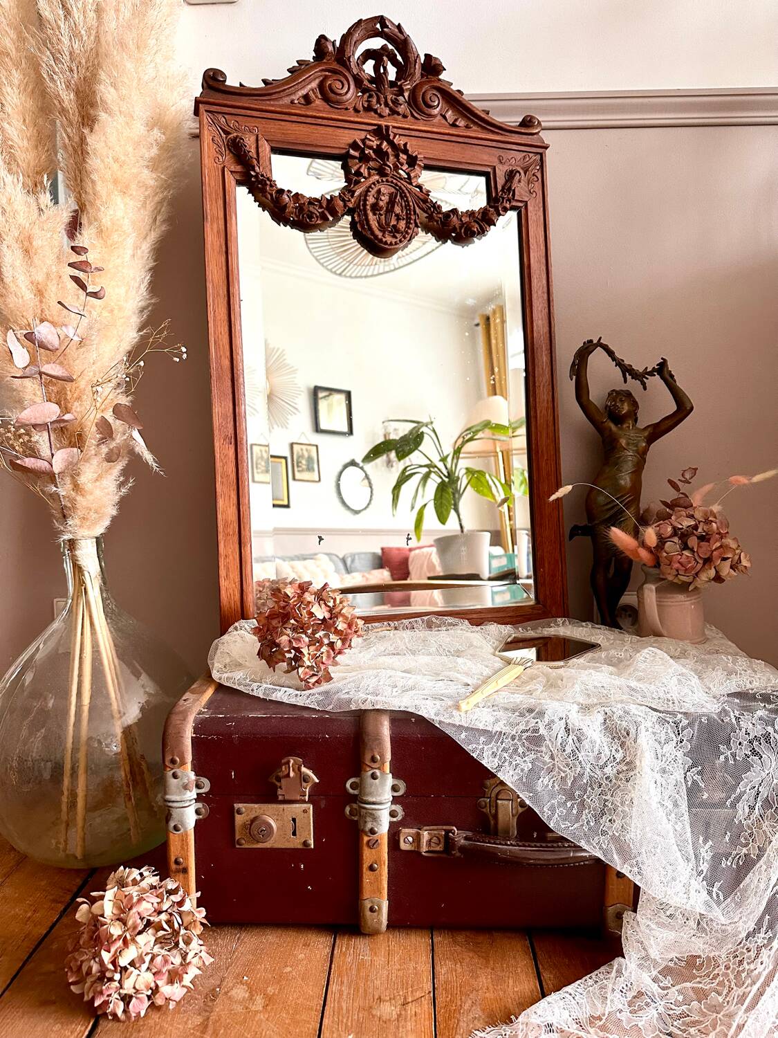 Antique carved wooden mirror 82x48