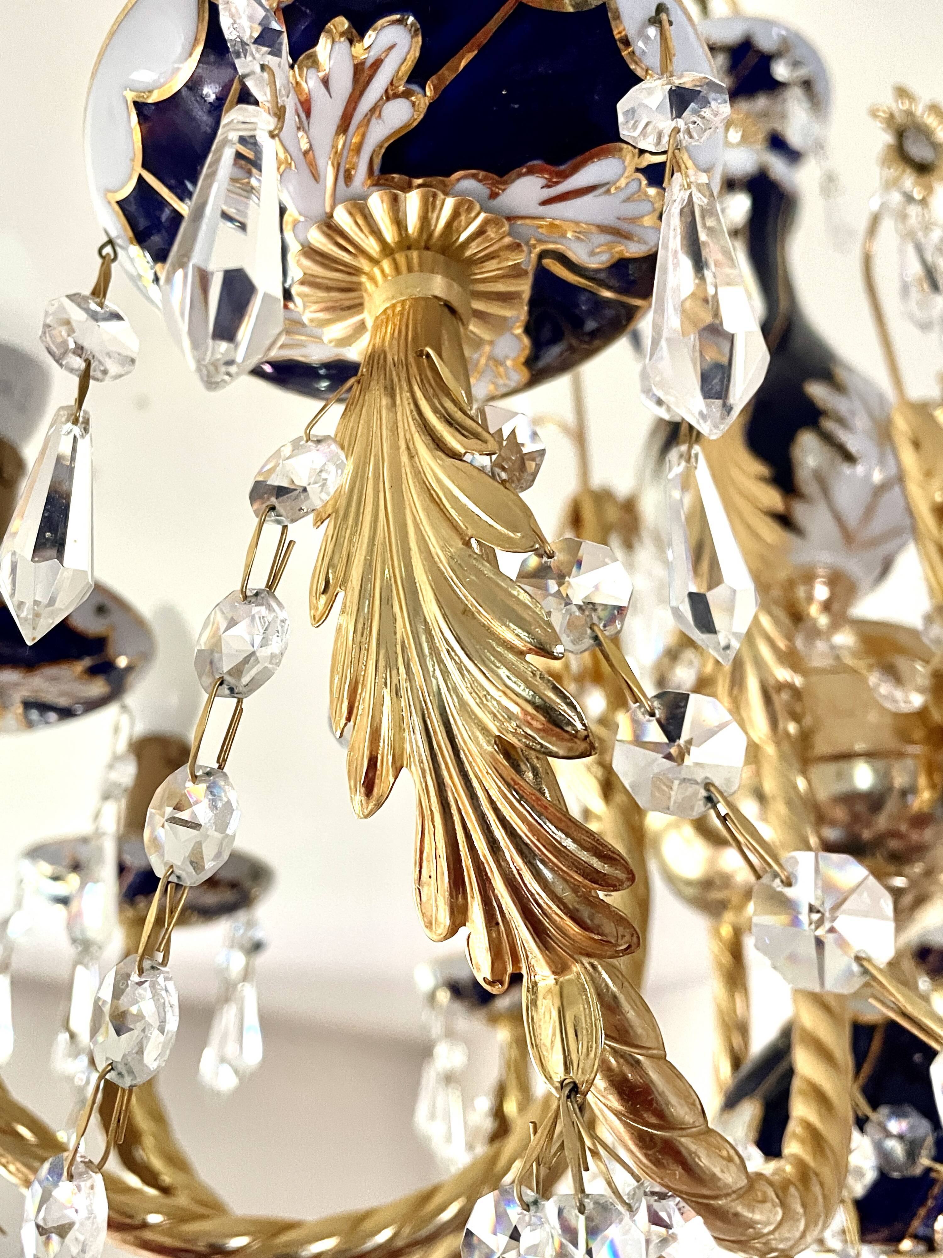 Large Russian chandelier in blue ceramic and crystal pendants, mid-20th century