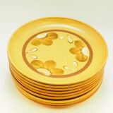 Set of 9 flat plates in sarreguemines stoneware decoration stylized flowers brown and white