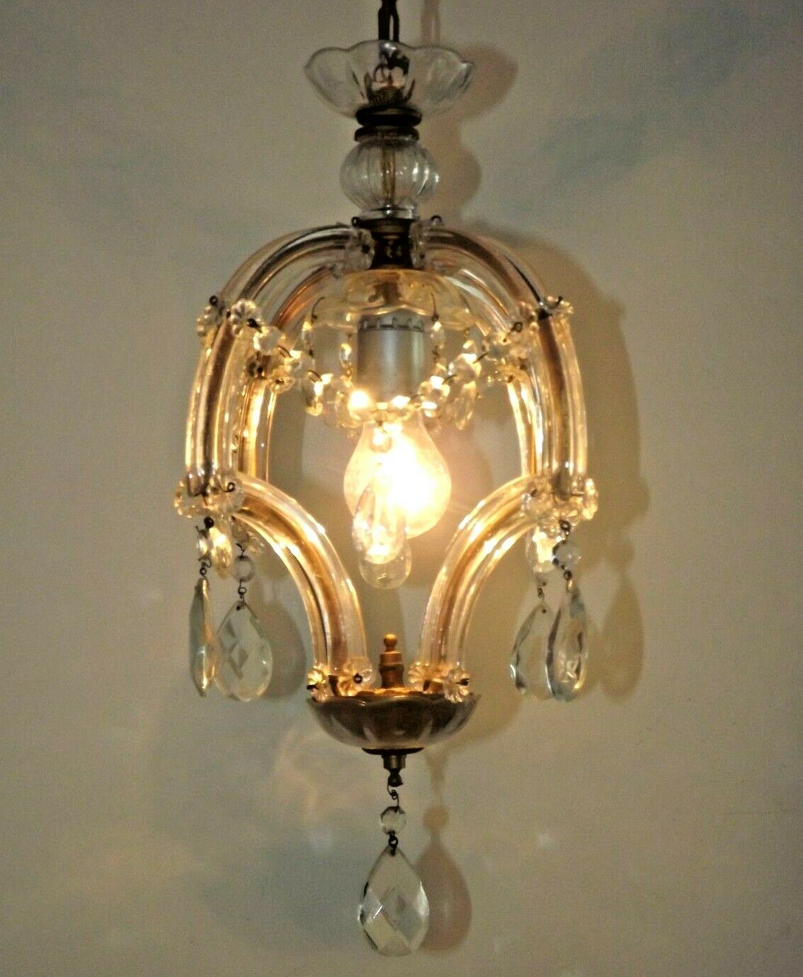 French vintage single light metal glass & acrylic crystal cage chandelier 3152