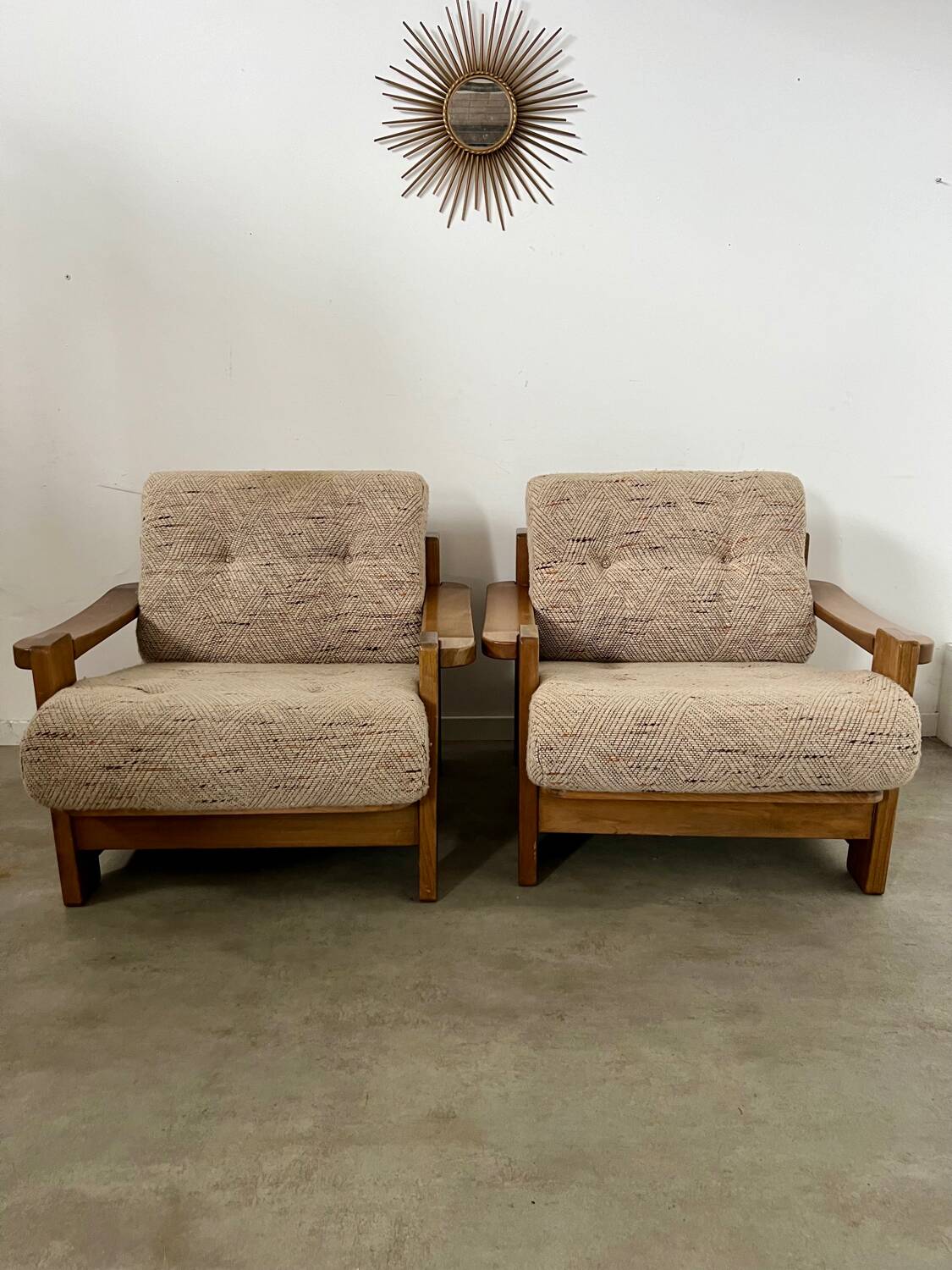 Lot of 2 solid elm armchairs, Maison Regain design, 70s vintage
