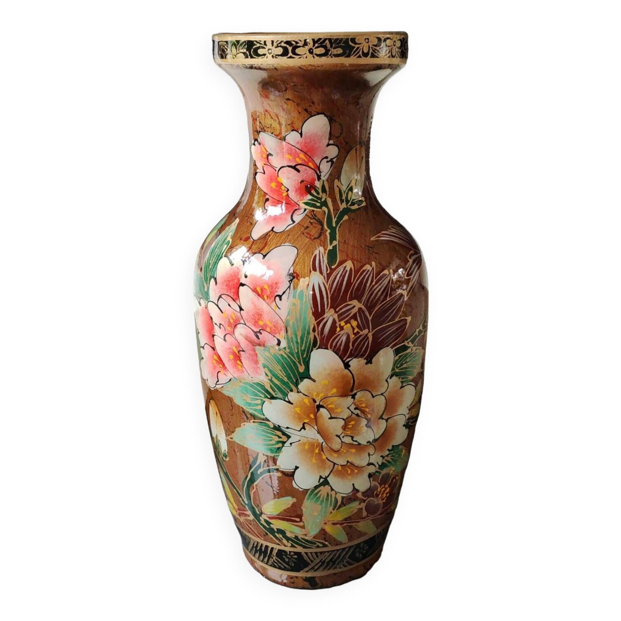 Stylish Chinese/Asian vase. Decor Polychrome floral motifs on a golden background. High 35 cm