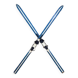 Ancienne Paire Skis Bois Bleu & Blanc Vintage Déco Montagne Chalet - 218 cm