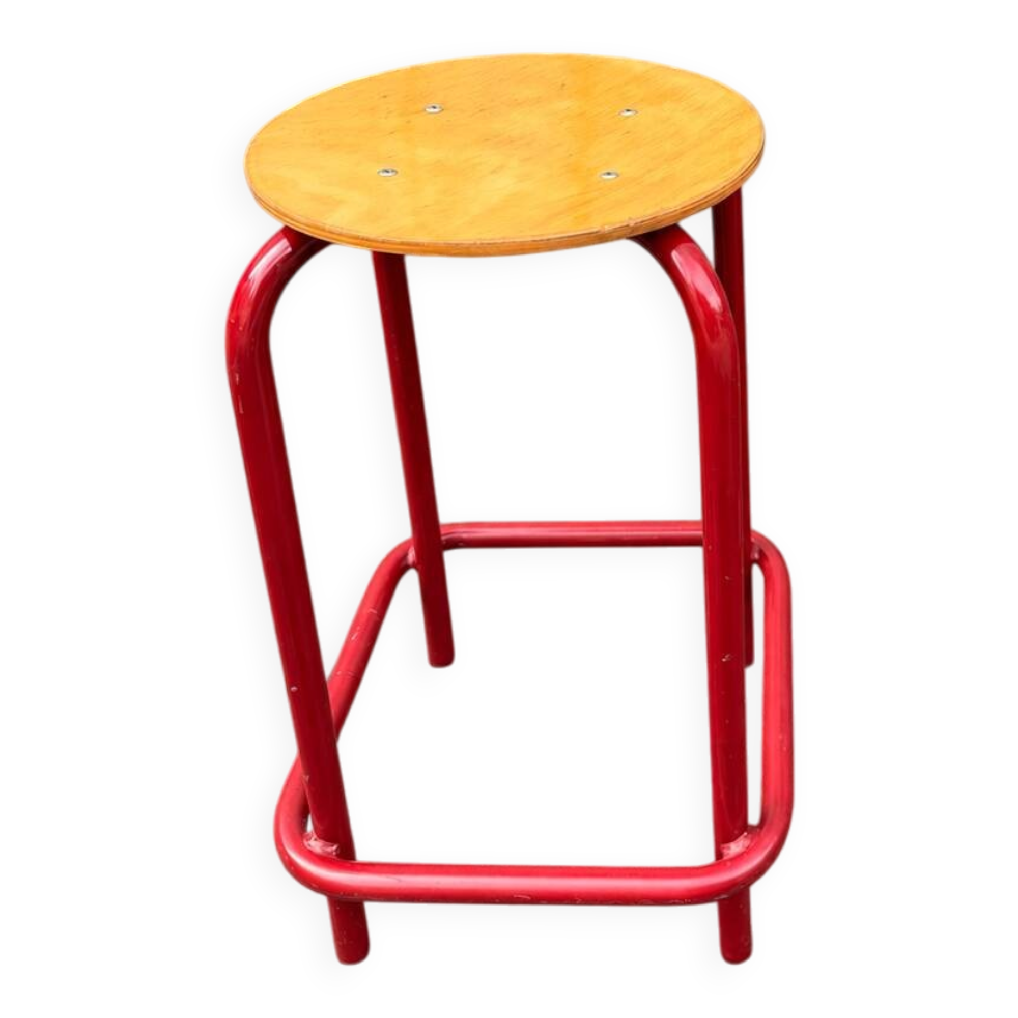 Vintage red industrial stool with a wooden seat, 1960s.