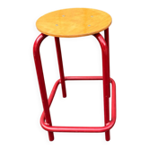 Vintage red industrial stool with a wooden seat, 1960s.