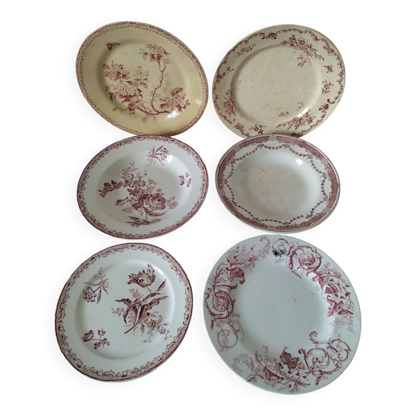 6 assiettes anciennes terre de fer rose dépareillées