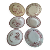 Set of 6 mismatched antique pink ironstone plates.