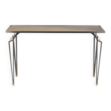 Rectangular console in steel and brass. Contemporary work.