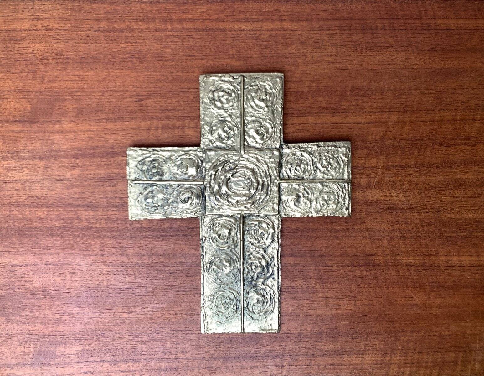 Brutalist metal sacred cross sculpture from the mid-century, 1960s.