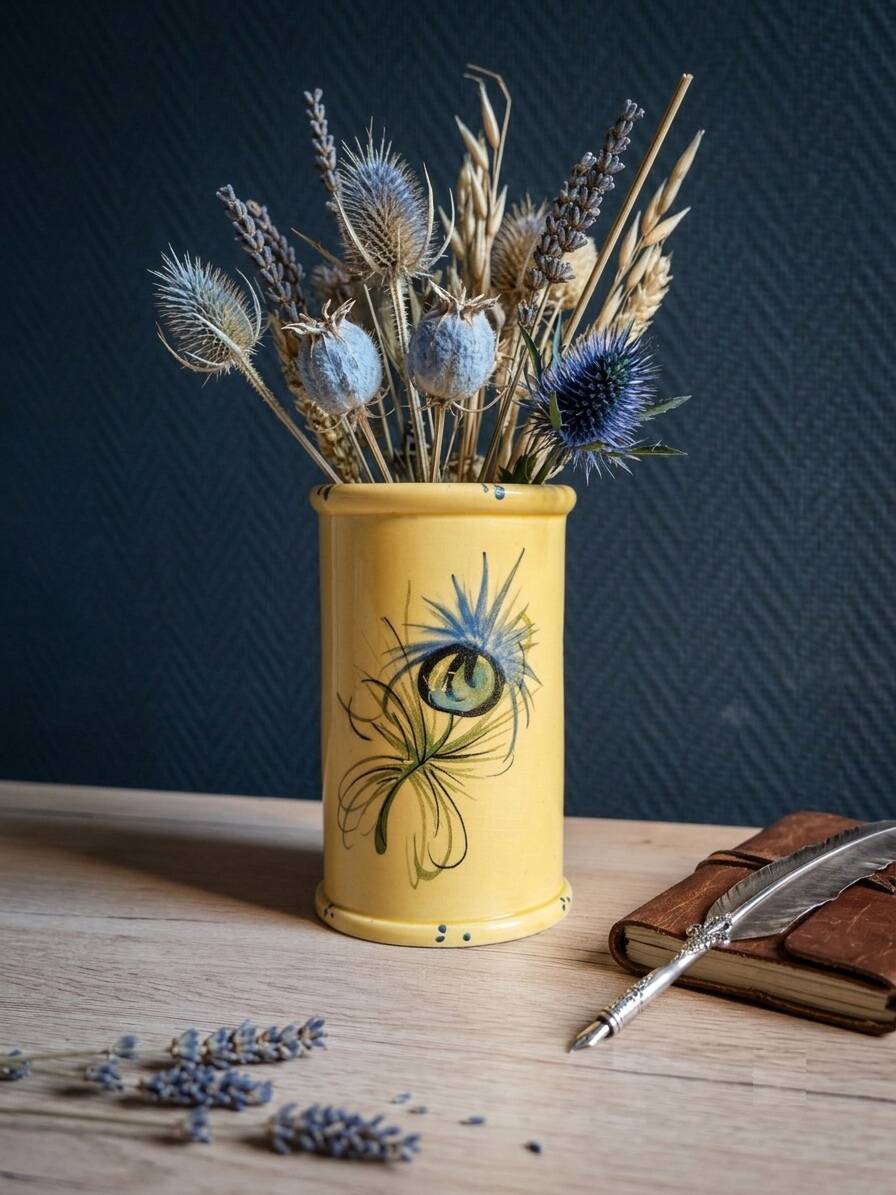 Vintage 1960s Vallauris Yellow Ceramic Vase, Blue Peacock Feather Decor
