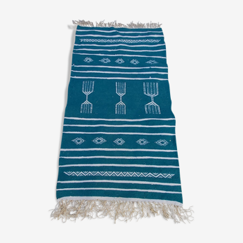 Tapis kilim bleu et blanc fait main en pure laine 110x60