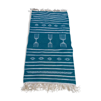 Tapis kilim bleu et blanc fait main en pure laine 110x60