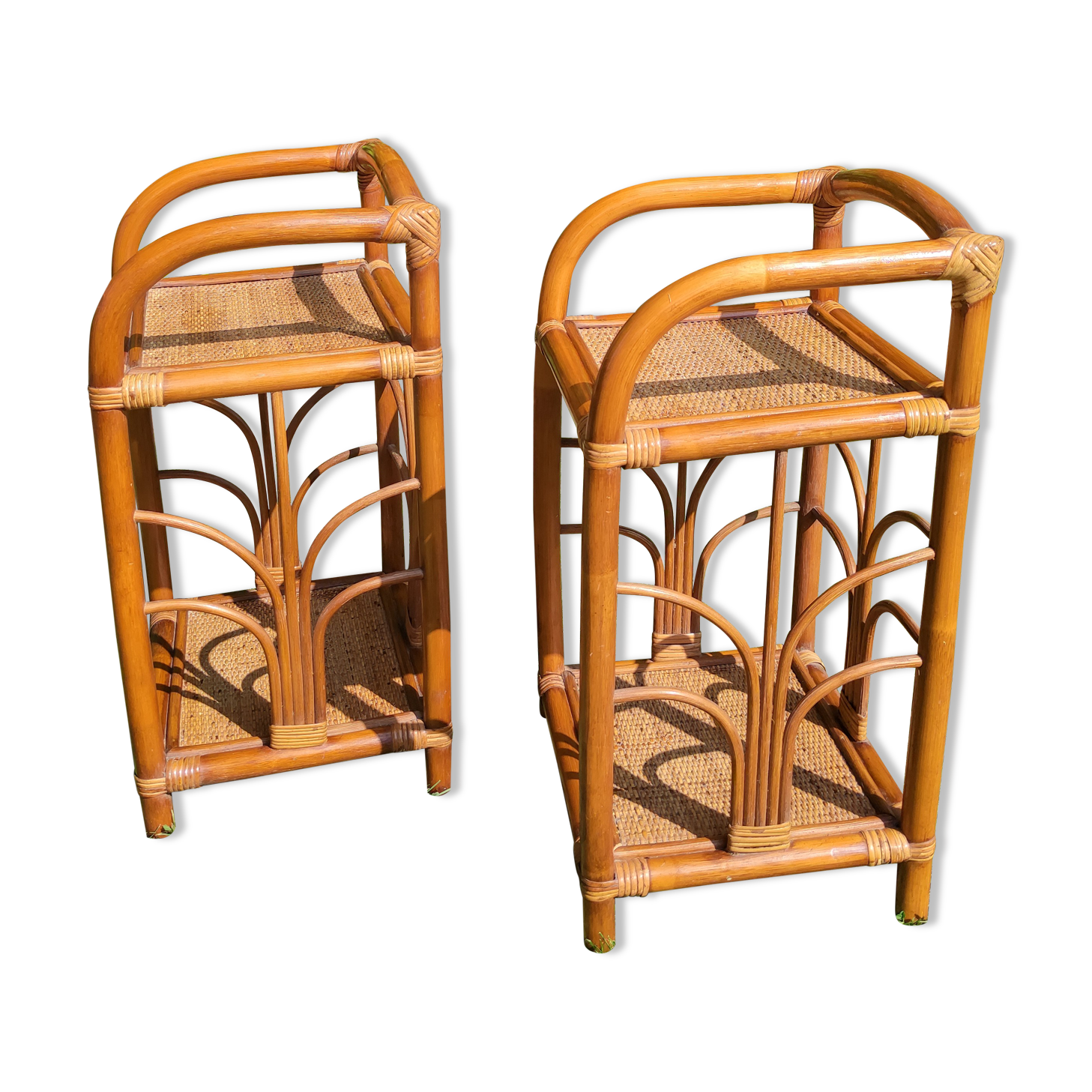 Bamboo and rattan bedside table pair