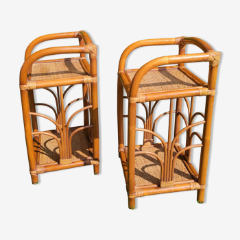 Bamboo and rattan bedside table pair