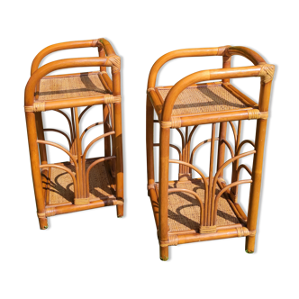 Bamboo and rattan bedside table pair