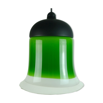 lampe suspendue mid-century Peill & Putzler années 1970 abat-jour en verre vert, blanc et transparent modèle AH 191