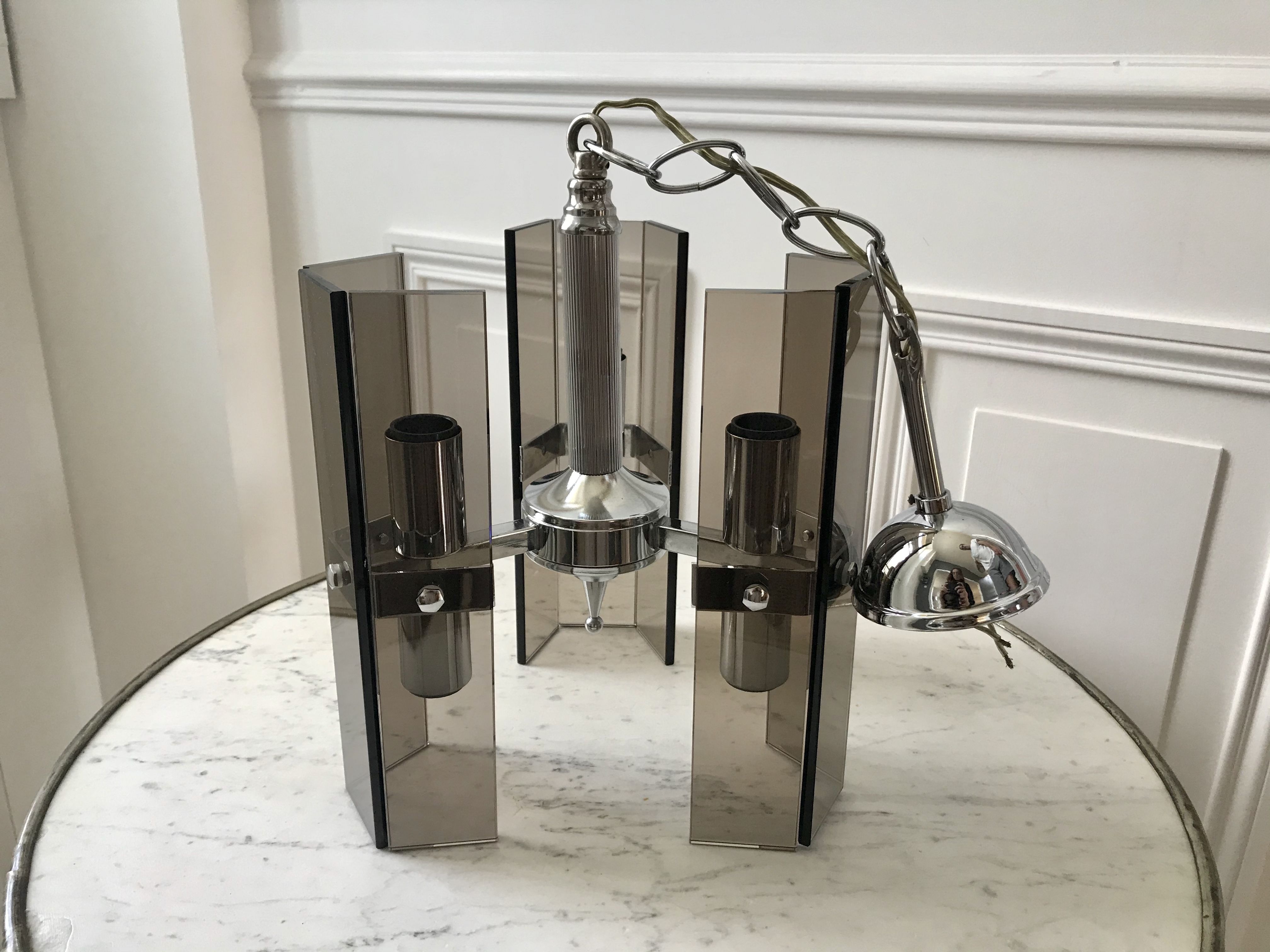 Chrome metal pendant lamp and smoked glass futuristic style 70s