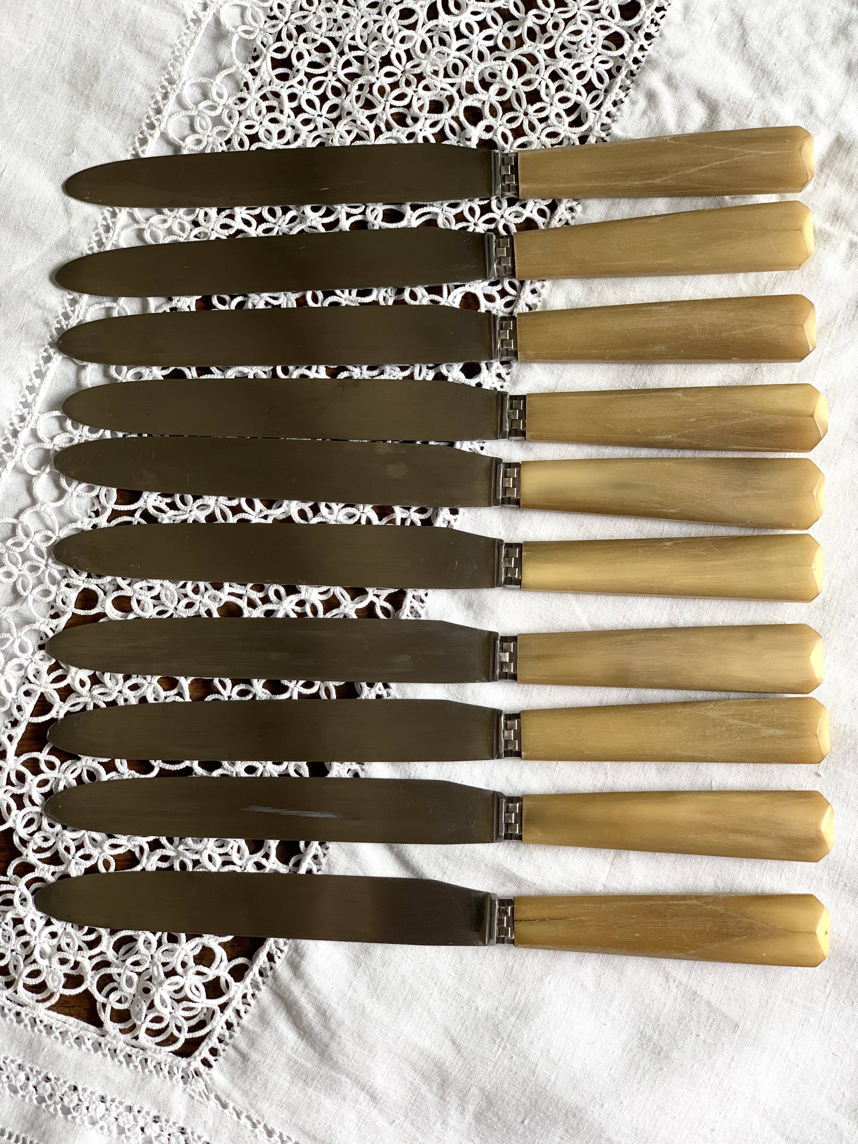 Set of 11 old table knives, horn handle, stainless blade and silver ferrule