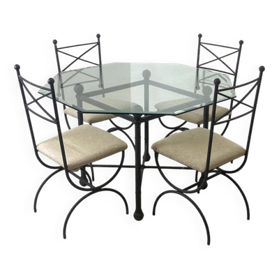 Ensemble salle à manger fer et verre octogonal biseauté