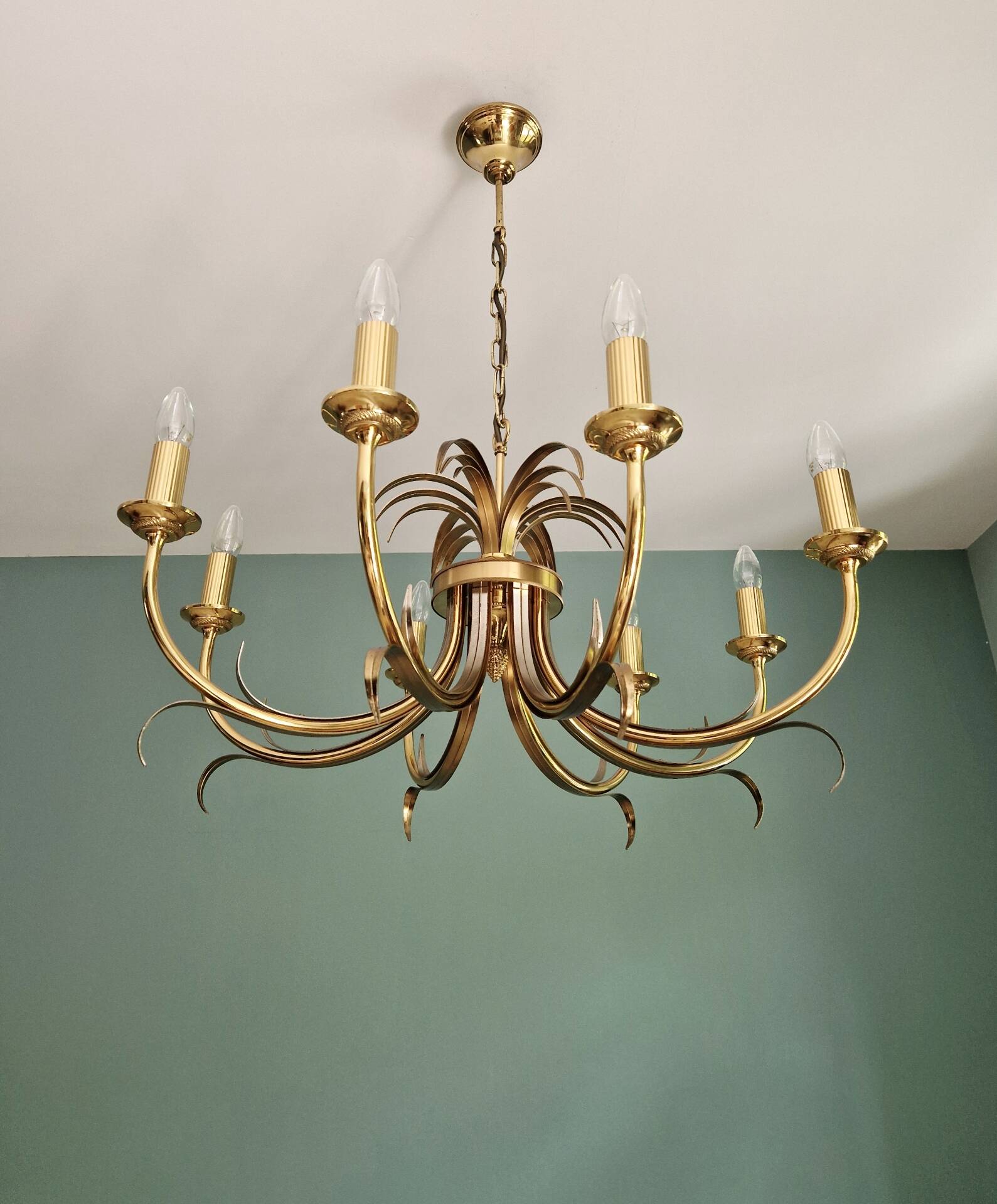 Brass chandelier, pineapple leaf decoration, Boulanger, 1970