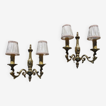 2-light wall lights, in solid bronze and silk lampshades, set of 2