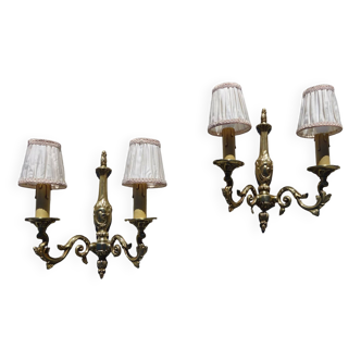 2-light wall lights, in solid bronze and silk lampshades, set of 2