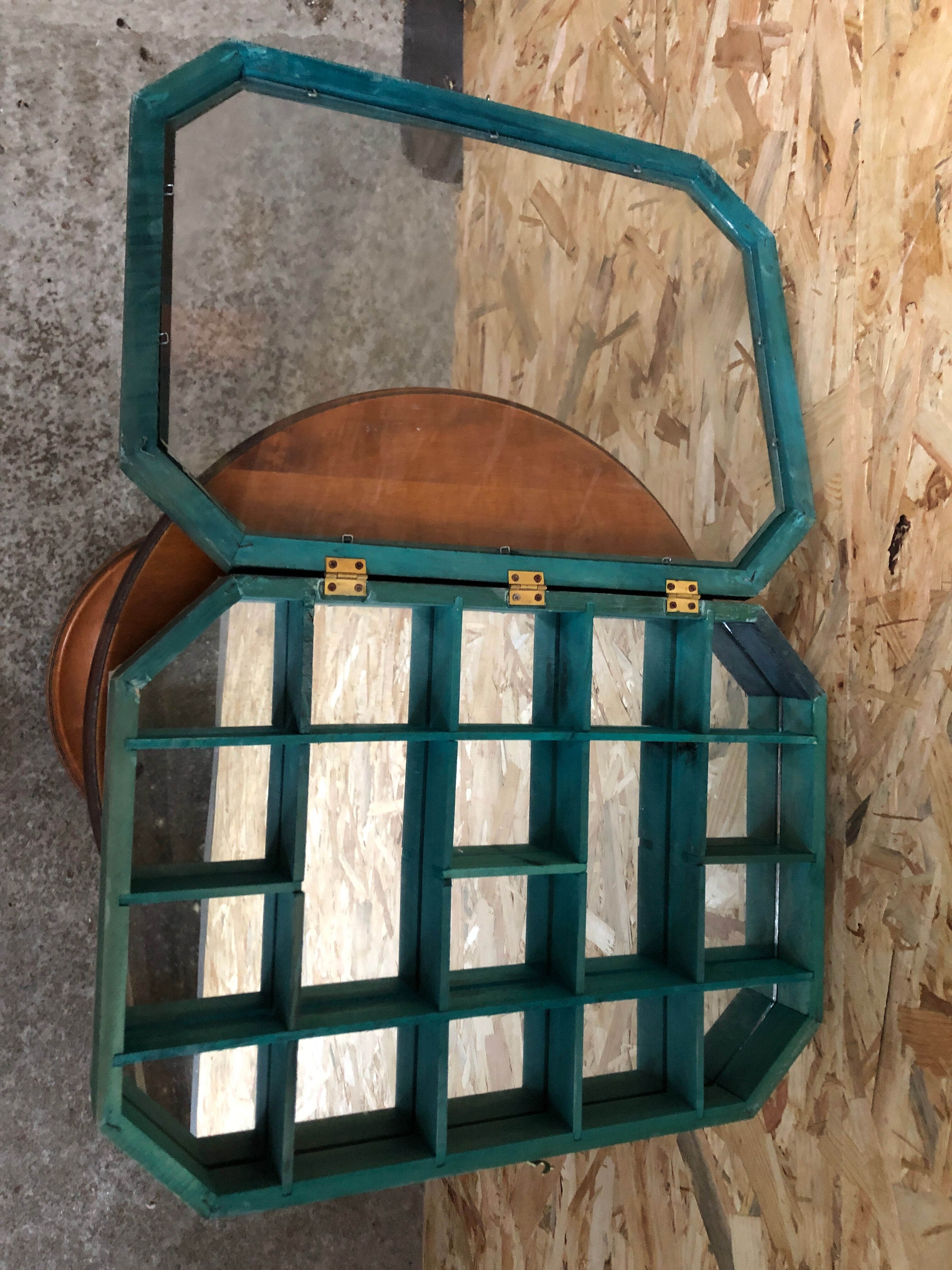 Old hanging showcase 18 green wood boxes + mirror + vintage glass door