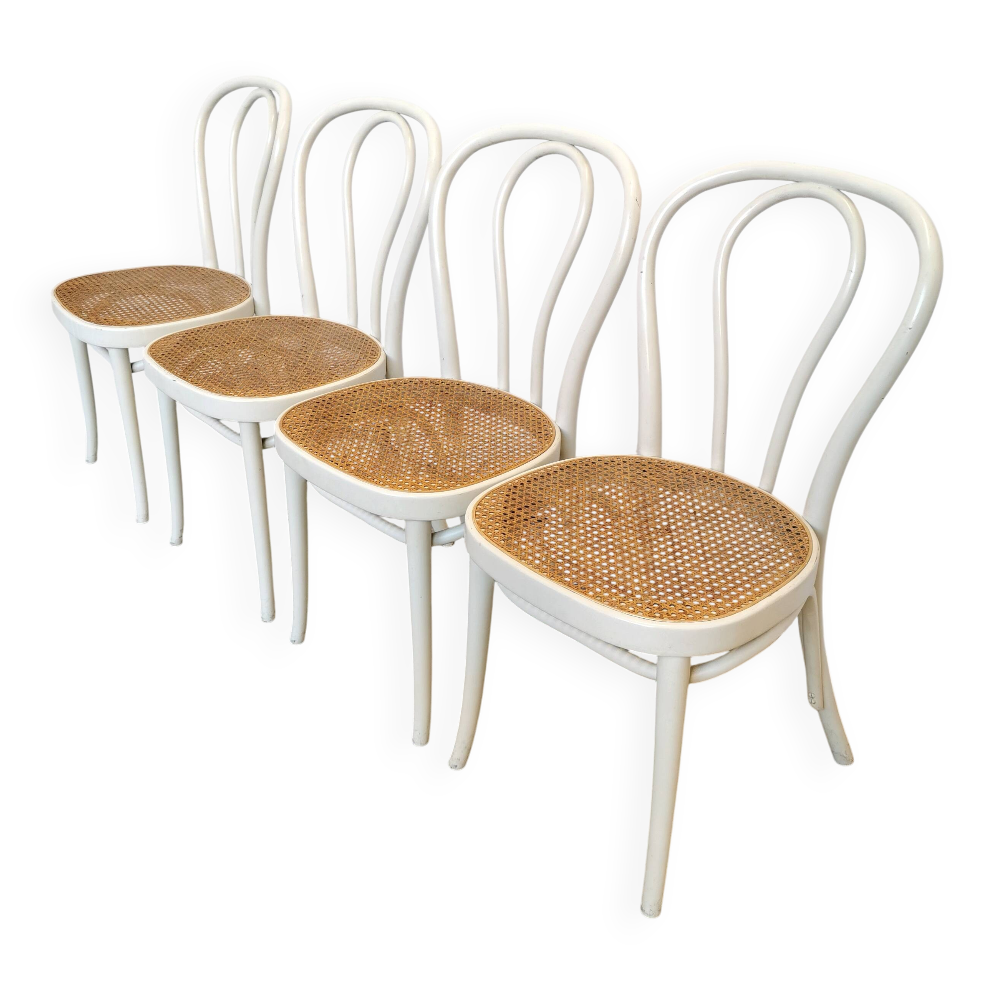 Set of 4 Vintage Thonet Style Dining Chairs: White Wood & Cane