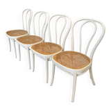Set of 4 Vintage Thonet Style Dining Chairs: White Wood & Cane
