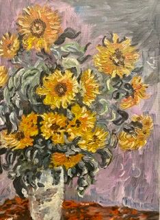 Painting, still life with sunflowers, oil on canvas 60/70