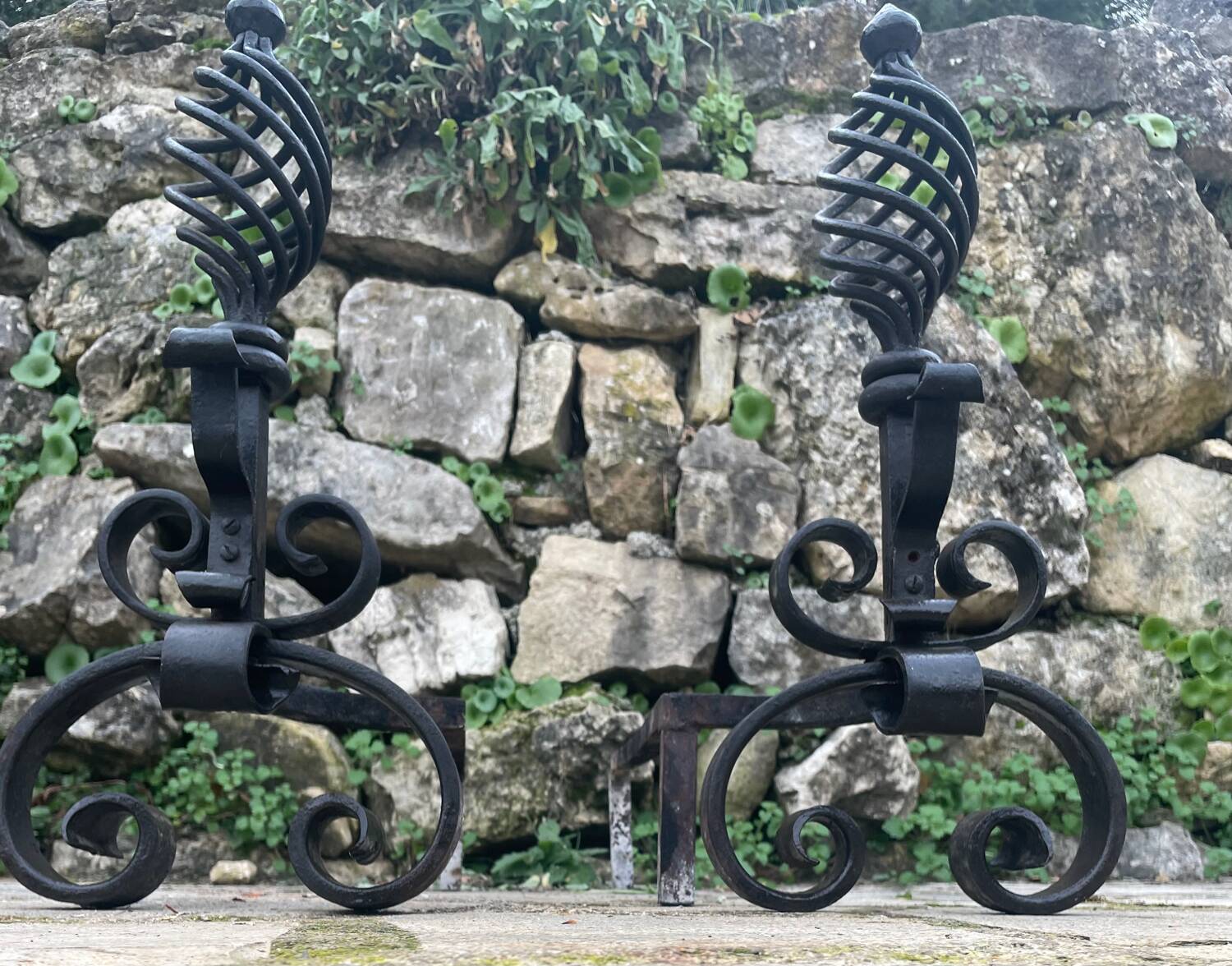 Pair of wrought iron fire dogs