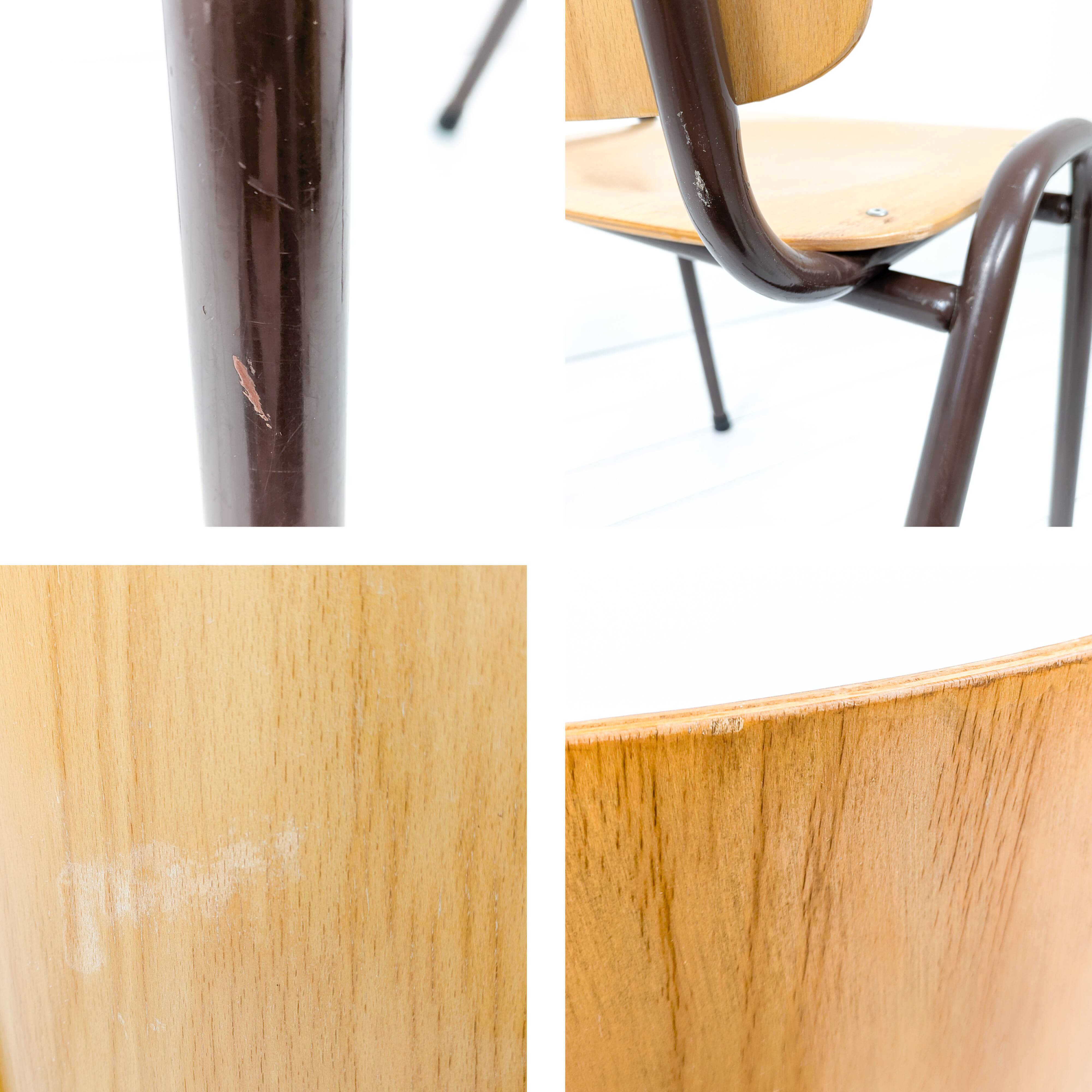 Lot de 3 chaises empilables Mid Century Chaise d'école Industrie Bois Métal Marron Vintage Rétro Cha