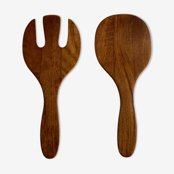 Pair of XXL Scandinavian service cutlery in solid teak 1960