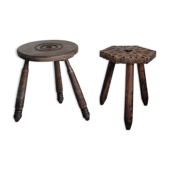 Set of 2 wooden tripod stools