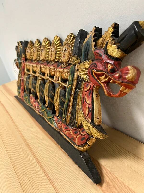Balinese wall panel carved wood gilded polychrome dragon procession