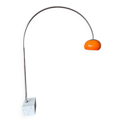 Lampadaire vintage Space Age 1970 arc, abat-jour orange, socle en marbre