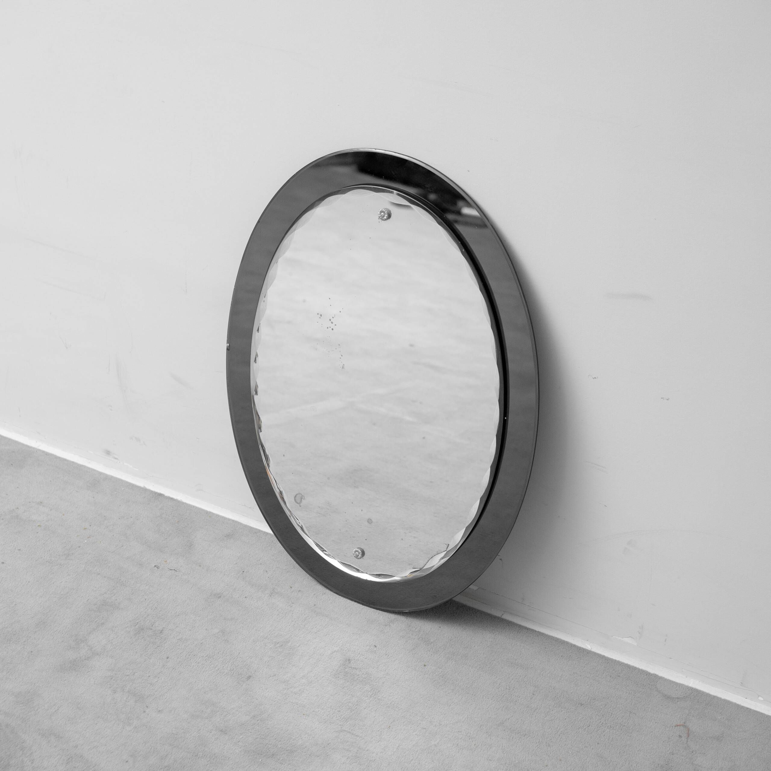 Vintage oval mirror with bevelled edge and smoked border, 1960s modernism