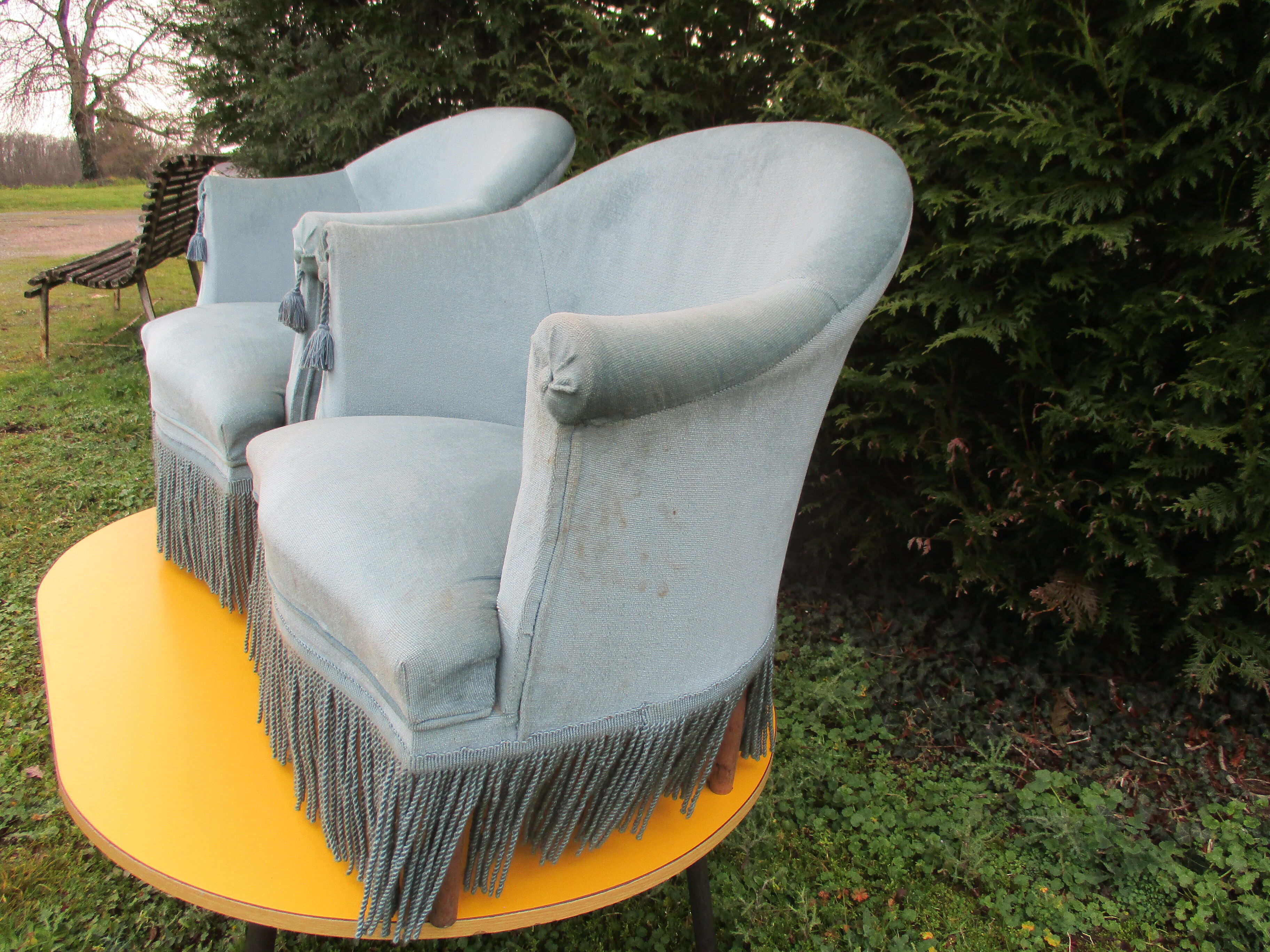 Pair of blue velvet toad armchairs