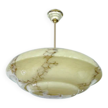 Lustre Art Déco, verre marbré ambre ivoire, style albâtre, chandelier vintage