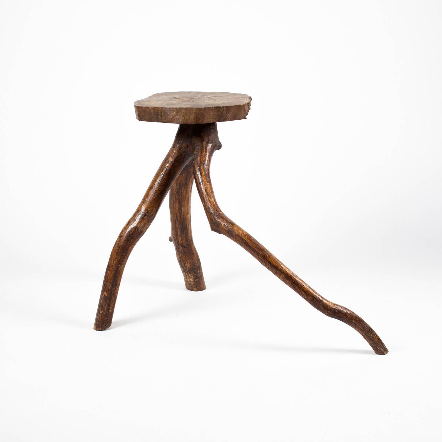 Large brutalist stool in solid antique wood