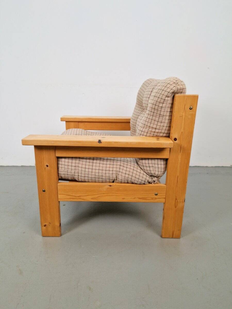 Vintage Brutalist Armchair in Pine and Fabric, 1970s