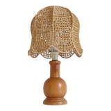 Mid-Century Bohemian Table Lamp, Pine Wood & Raffia, Italy, 1970s