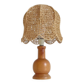 Mid-Century Bohemian Table Lamp, Pine Wood & Raffia, Italy, 1970s