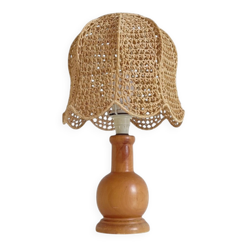 Mid-Century Bohemian Table Lamp, Pine Wood & Raffia, Italy, 1970s