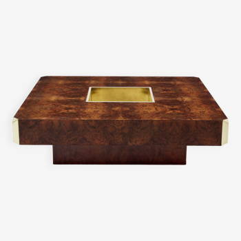 Table basse de Willy Rizzo modèle Alveo carrée loupe laiton 1970