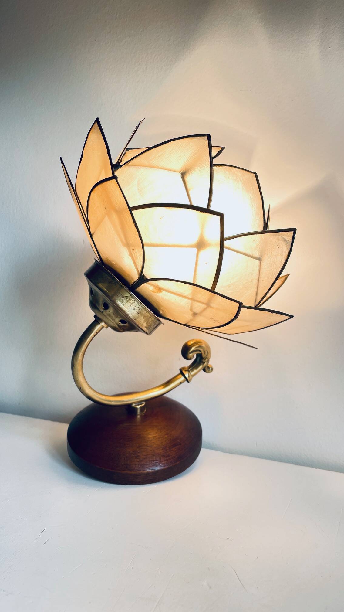 Vintage mother-of-pearl and brass flower wall lamp