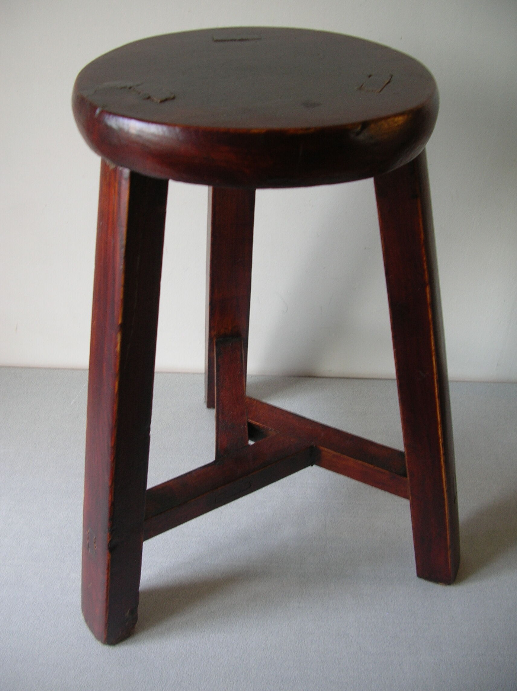 Old stool 3 feet Asian Chinese tripod wooden painted marking Japanese decoration