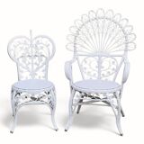 Peacock armchair and chair in white rattan, 1970