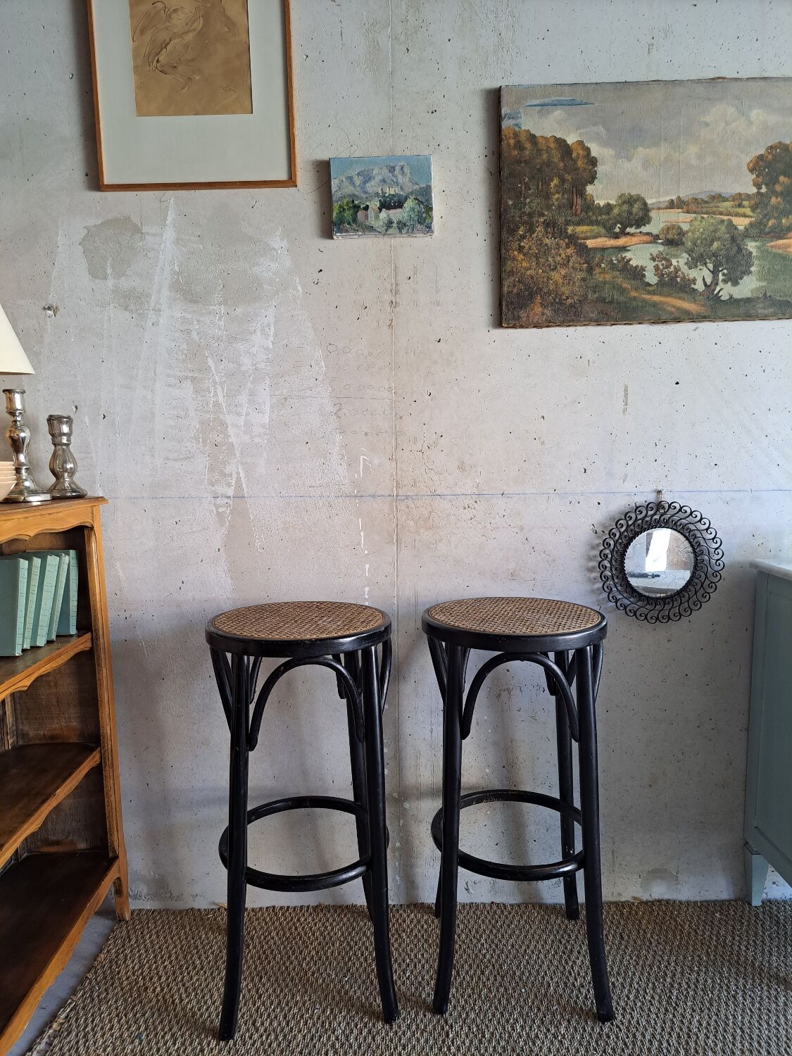 Paire de tabourets de bar cannés , en bois courbé