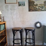 Pair of canned bar stools, curved wood